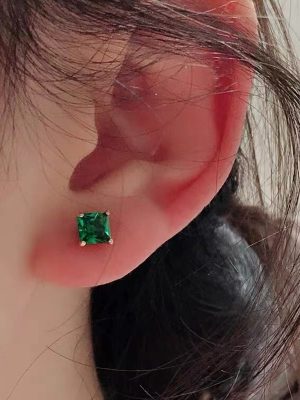 S925 Sterling Silver Plated 14K Gold Four Claw Diamond Earrings Women's Small Simple High-end Light Luxury Emerald Earrings Ouni Na