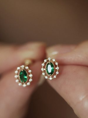 Wizard of Oz ~ S925 Sterling Silver Plated 14K Gold Emerald Zircon Oval Screw Blocking Earrings Retro Court Style HME