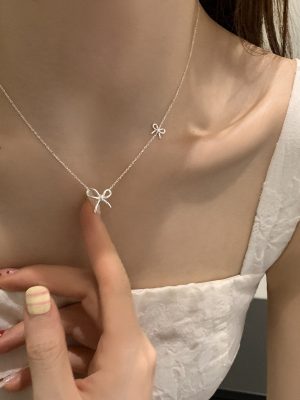 925 Sterling Silver Platinum Plated Bow Necklace Sweet Girly Ins Simple Light Luxury High-grade Clavicle Chain
