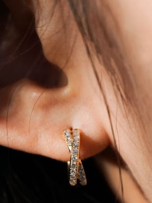 925 Sterling Silver Plated 18K Gold Cross Double Rai Diamond Solid Small Ear Buckle Exquisite commuter Twist Earrings Advanced Light Luxury