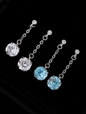 S925 Sterling Silver Super Flash Rose Cut Earrings for Women Light Luxury Simple Advanced Gentle All-match Blue and White Zirconium Tassel Earrings