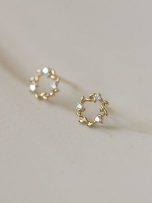 925 Silver Plated 14K Gold Zircon Branches and Leaves Small Wreath Earrings Female Temperament Small Plant Flower Flash Diamond Earrings