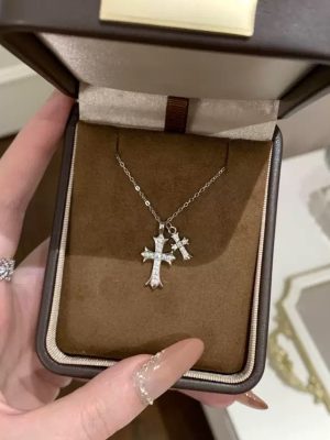S925 Sterling Silver Diamond-encrusted Gemini Cross Pendant Necklace Sweet Cool Style Elegant High-grade Light Luxury Clavicle Chain