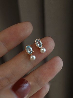 Breeze Coast S925 Sterling Silver Plated 14K Gold Topaz Pearl Earrings Women's Light Luxury French Design Earrings Ouni Na