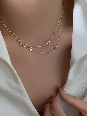 S925 Sterling Silver Plated 14K Gold Handmade Vertical Cross Clavicle Chain Women's Slim Faith Cross Light Luxury Necklace Ouni Na