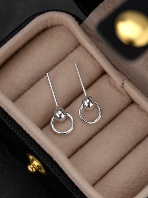 S925 Full-body Sterling Silver Simple Circle Bean Earrings Small Hollow Small Ring Elegant Light Beaded Earrings for Women
