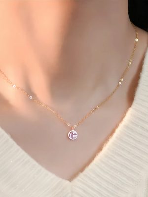 S925 Sterling Silver Plated 18K Jinfu Character Transfer Round Brand Necklace Women's New Chinese Style Minimalist Design Benmingnian Clavicle Chain