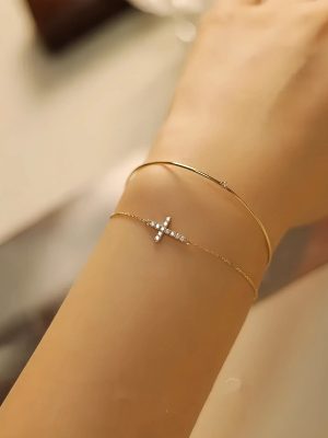 S925 Sterling Silver Plated 14K Gold Classic Diamond Cross Bracelet Women's Fashion Light Luxury Fine Stacked Bracelet