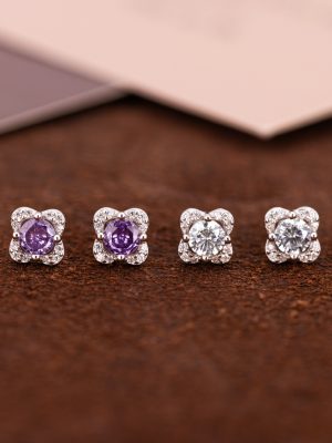 S925 Sterling Silver Flash Four-leaf Clover Zircon Earrings Entry Luxury French Retro Amethyst Ear Nails Trendy Commuting Jewelry