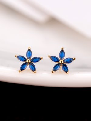 S925 Sterling Silver Five-petal Flower Earrings Women's Inlaid Blue Zircon Small Fresh Simple Fashion Elegant All-match Earrings