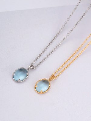 S925 Sterling Silver Light Blue Oval Pendant Necklace Female Super Fairy Elegant French Retro Light Luxury All-match Clavicle Chain
