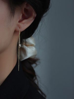 Japanese and Korean S925 Sterling Silver Plated 14K Gold Nail Ear Line Earrings Women's Elegant Simple Long Face Skinny Personality Earrings Ouni Na