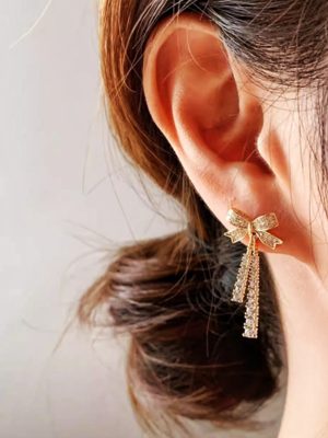S925 Sterling Silver Gold Plated Bow Earrings Light Luxury High-end Ribbon Earrings with Diamond Fashion All-match Women's Gift
