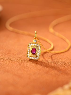 S925 Sterling Silver Gold Plated Pomegranate Ruby Pendant Necklace Women's Design Retro Exquisite Square Clavicle Chain
