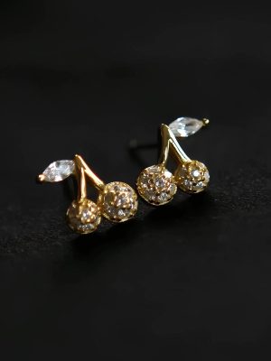 S925 Sterling Silver Plated 14K Gold Sweet Diamond Cherry Earrings Women's Design Cute All-match Small Fresh Earrings