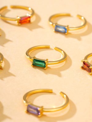 S925 Sterling Silver Small Square Sugar Twelve birthstone Ring Simple Fashion Thin Circle Opening Adjustable Ring for Women