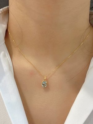 S925 Sterling Silver Plated 14K Gold Topaz Transparent Blue Pendant Necklace Women's Japanese Style Simple Light Luxury All-match Clavicle Chain Ouni Na