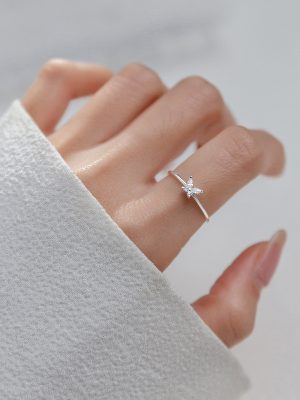 S925 Sterling Silver Butterfly Ring Women's Style Simple Small Fresh Cute Butterfly Diamond Opening Ring Art Style