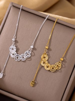 New Chinese Style S925 Sterling Silver Crushed Ice Five Emperors Coin Necklace Women's Lucky Nafu Tassel Exquisite Light Luxury Clavicle Chain