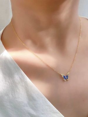 Empty Window Enamel Gradient Blue Butterfly Necklace Clavicle Chain S925 Silver Gold Plated Gift to Girlfriend Shell Element Light Luxury
