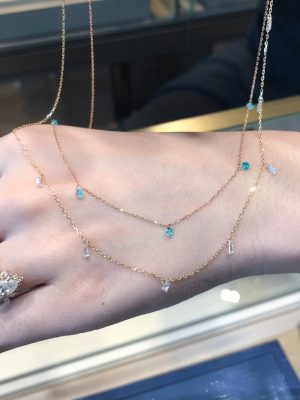 S925 sterling silver plated paraiba color round stone ladder square white zircon gypsophila necklace stacked with meticulous clavicle chain HME
