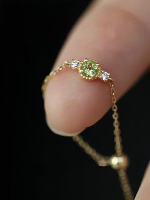 S925 Silver Plated 14K Gold Olive Zircon Chain Ring Women's Adjustable Soft Ring Small Fresh Design