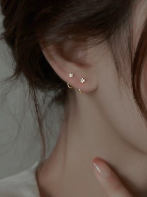 S925 Sterling Silver Plated 14K Gold Earrings Women's Sleeping Free Picking Ear Holes Earrings Daily All-match Diamond Commuter Earrings Ouni Na