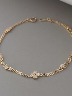 Small fresh ~ S925 sterling silver plated 18K gold bracelet female double chain lucky four-petal flower inlaid zircon stacked HME