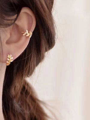 S925 Sterling Silver Gold Plated Leaf Ear Clip Fairy Mori Super Fairy Ear Buckle Without Ear Holes Female Temperament Ear Clip Female Earrings Ouni Na