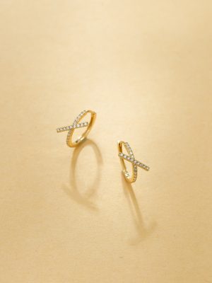 S925 Sterling Silver Plated 14K Gold Cross Geometric Zircon Earrings Earrings Line Earrings Advanced HME
