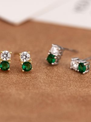 S925 Sterling Silver Inlaid Geometric Round Green Zirconium Earrings Women's Design Simple Fashion Two-color Contrast Color Earrings