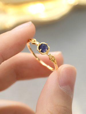 S925 Sterling Silver Light Luxury Blue Sand Stone Ring Women's Retro Court Style Finger Ring Design All-match Ring