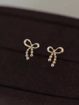S925 Sterling Silver Plated 14K Gold Bow Refined Design Earrings Japanese Versatile Commuter Earrings Women's Ouni Na