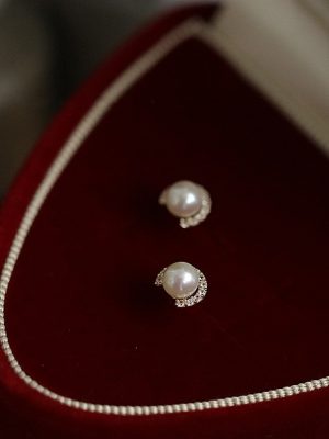Korean Style Simple 925 Sterling Silver Plated 18K Gold Semi-round Micro Pearl-inlaid Flash Diamond Retro Style Earrings Exquisite All-match Earrings