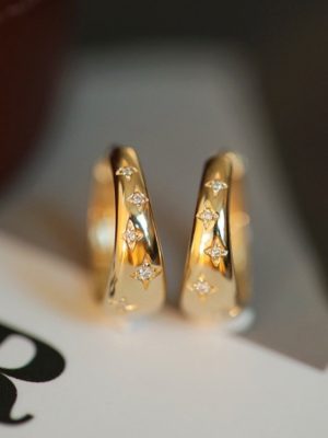 Super good-looking ~ S925 sterling silver plated 18K gold baby's breath star flash diamond ear buckle simple Joker commuter zircon earrings earrings