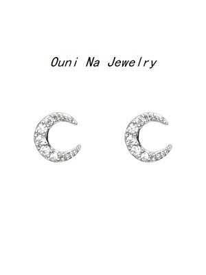 S925 Sterling Silver Plated 14K Gold Mini Diamond Moon Earrings Elegant Girly Heart All-match Earrings Female Japanese and Korean Style Ouni Na
