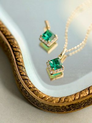 S925 Sterling Silver Plated 14K Gold Emerald Square Necklace Women's Zirconium Diamond Vintage Light Luxury Elegant Pendant Women's Pendant
