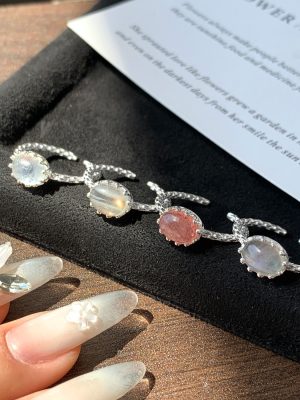 S925 Sterling Silver Korean-style Ins Natural Crystal Ring Women's Fresh and Sweet Simple Fashion All-match Open Ring