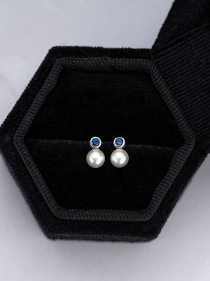 S925 Sterling Silver Plated 18K Gold Set with Blue Zircon Pearl Earrings Women's Simple Small and Exquisite Elegant Fashion Earrings