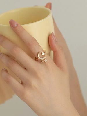 S925 Sterling Silver Plated 18K Gold Moon Tassel Open Ring Women's Fashion Baby's Sky Stars Cold Wind Ins Tide Ring