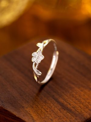 S925 Sterling Silver Winding Flower Ring Pastoral Style Fresh and Sweet Simple Small Flower Adjustable Finger Ring