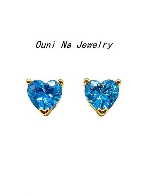 S925 Sterling Silver Plated 14K Gold Sea Blue Treasure Love Earrings Women's Ins Style All-match Light Luxury Inlay Fairy Earrings Ouni Na
