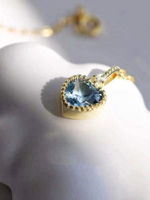S925 Sterling Silver Plated 14K Gold Necklace Women's Heart Shaped Sea Blue Zircon Simple Light Luxury Pendant Collarbone Chain Retro Fashion