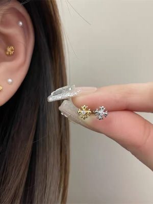 Vintage Classic Diamond-encrusted Crucible Kluo Heart Ear Nail S925 Sterling Silver Plated 18K Gold Short Rod Screw Ear Bone Nail Earrings