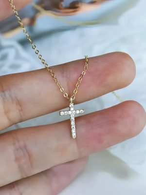 S925 Sterling Silver Plated 14K Gold Full Diamond Cross Collarbone Necklace Women's Light Luxury Design Fashion All-Match