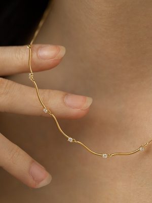 S925 Silver Gold Plated Irregular Water Wave White Stone Design Necklace Women's High-grade Clavicle Chain Necklace Chain