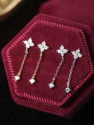 S925 Sterling Silver Plated 18K Gold Flash Diamond Four-leaf Clover Tassel Earrings Women's Earrings Earrings Light Luxury High Level HME