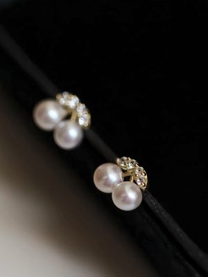 S925 Sterling Silver Plated 14k Gold Mini Pearl Beads Micro Set Cute Cherry Earrings Women's Elegant All-match Earrings