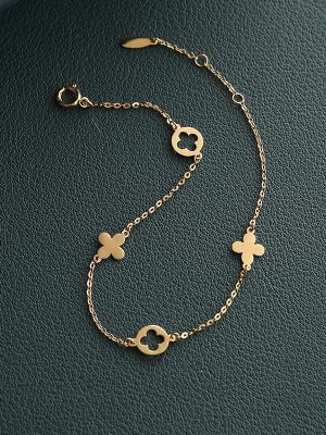 S925 Sterling Silver Plated 18K Gold Bracelet Simple Plain Glossy Flower Four-leaf Clover Bracelet Women's Elegant HME