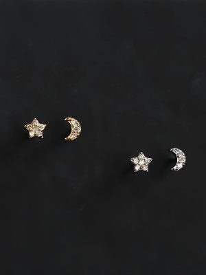 S925 Sterling Silver Plated 14K Venus Moon Asymmetric Earrings Women's Moon and Star Diamond Simple All-match Earrings